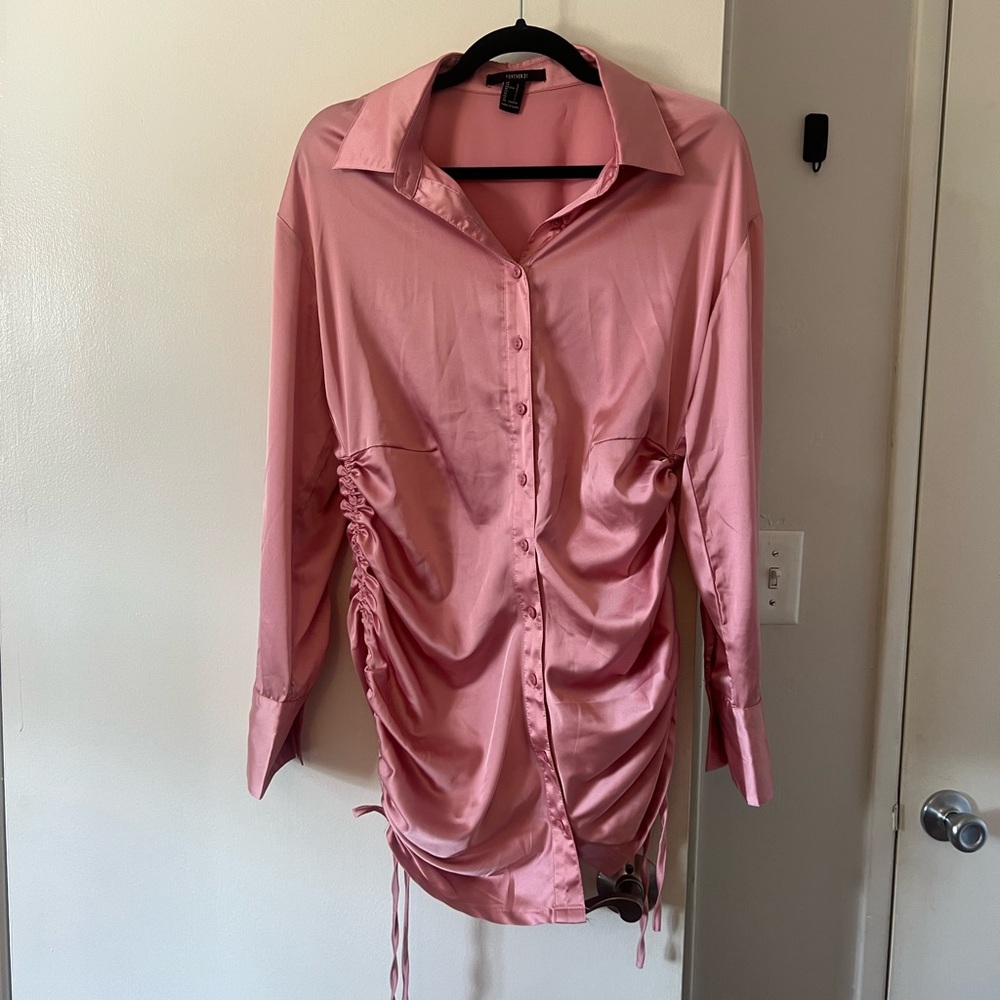 Pink Ruched Button-Up Shirt Dress